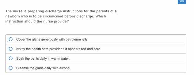the nurse is preparing discharge instructions for the parents of a newb…