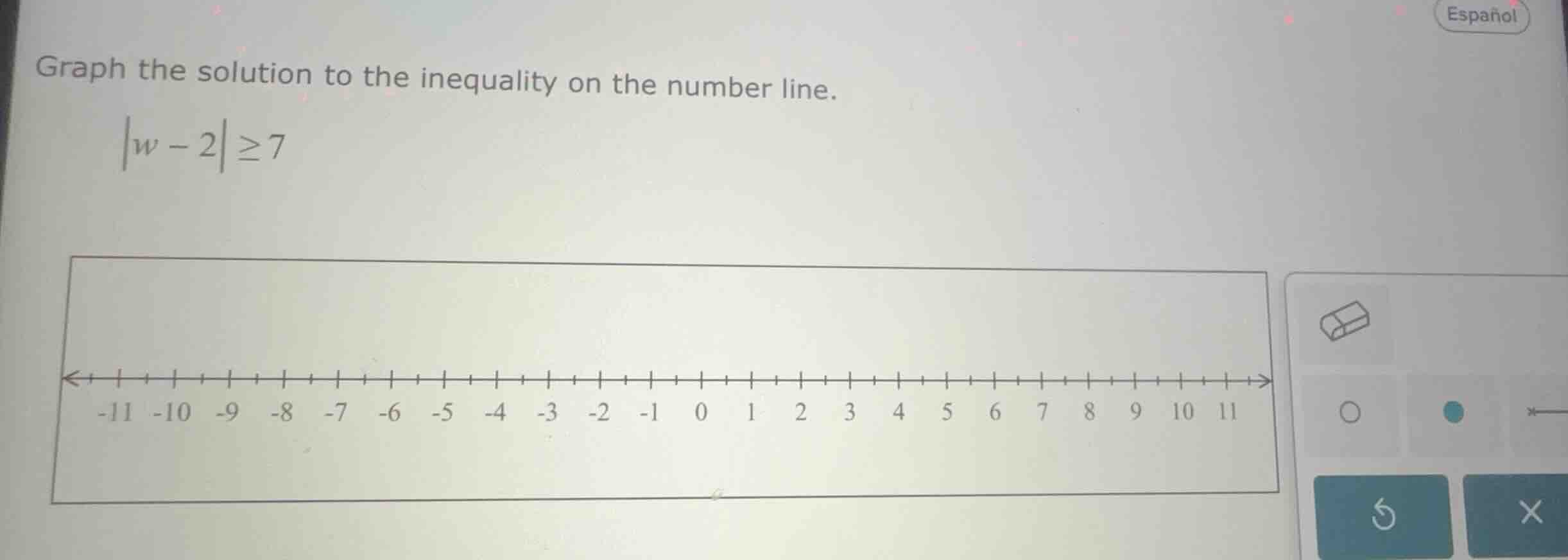 graph the solution to the inequality on the number line. \\|w - 2| \\ge…