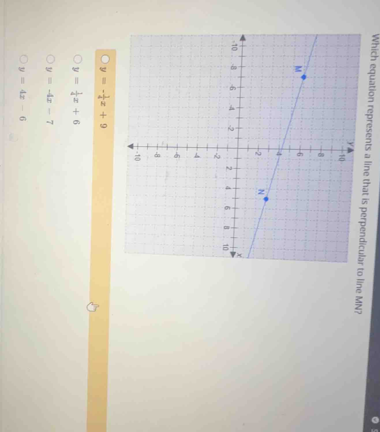 which equation represents a line that is perpendicular to line mn? \\(y…
