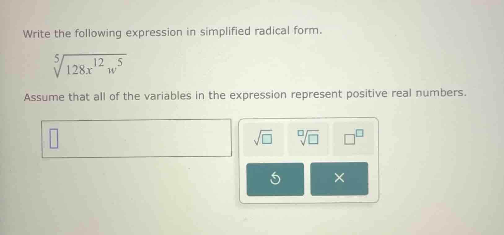 write the following expression in simplified radical form. \\\\sqrt5{12…