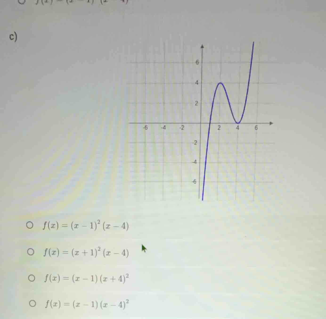 c) \\( f(x) = (x - 1)^2 (x - 4) \\) \\( f(x) = (x + 1)^2 (x - 4) \\) \\…