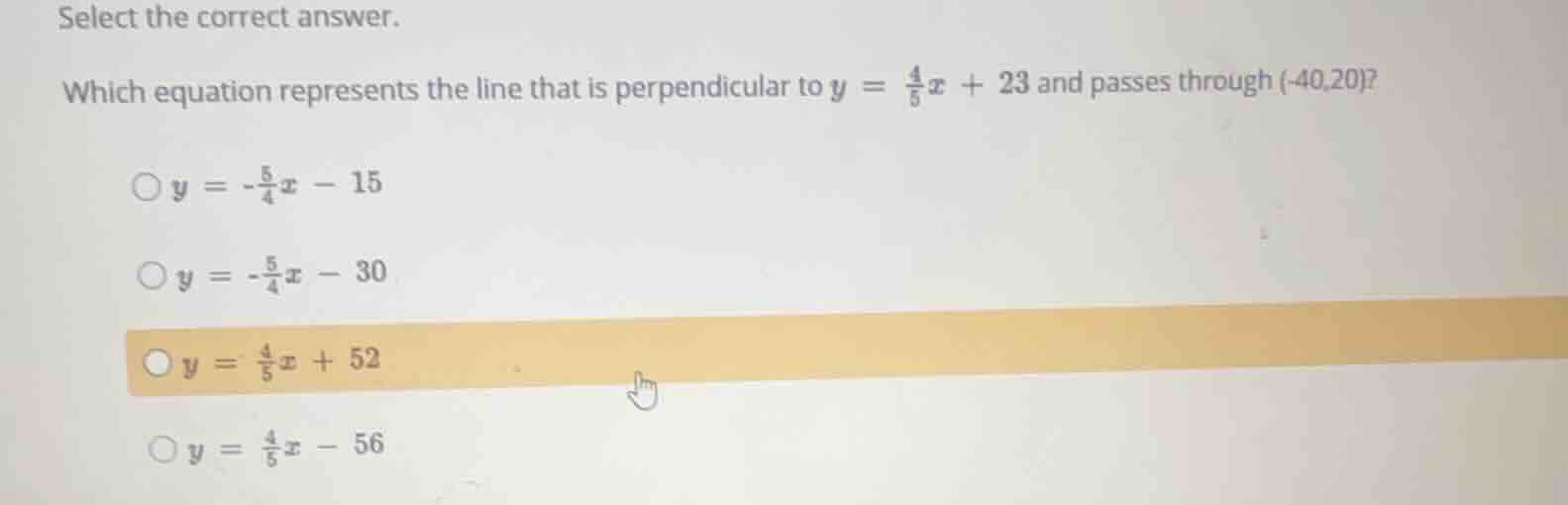 select the correct answer. which equation represents the line that is p…