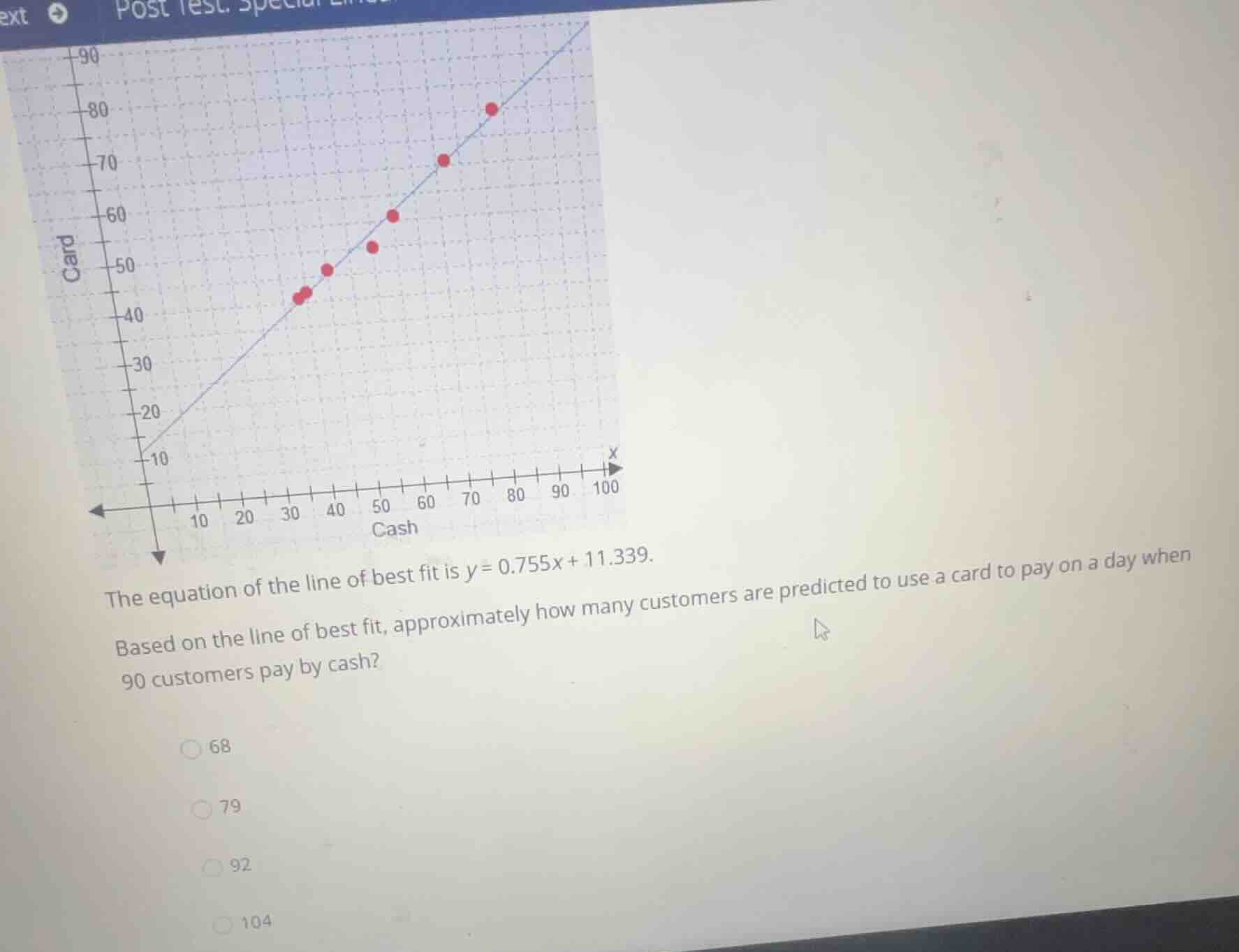 the equation of the line of best fit is \\(y = 0.755x + 11.339\\). base…