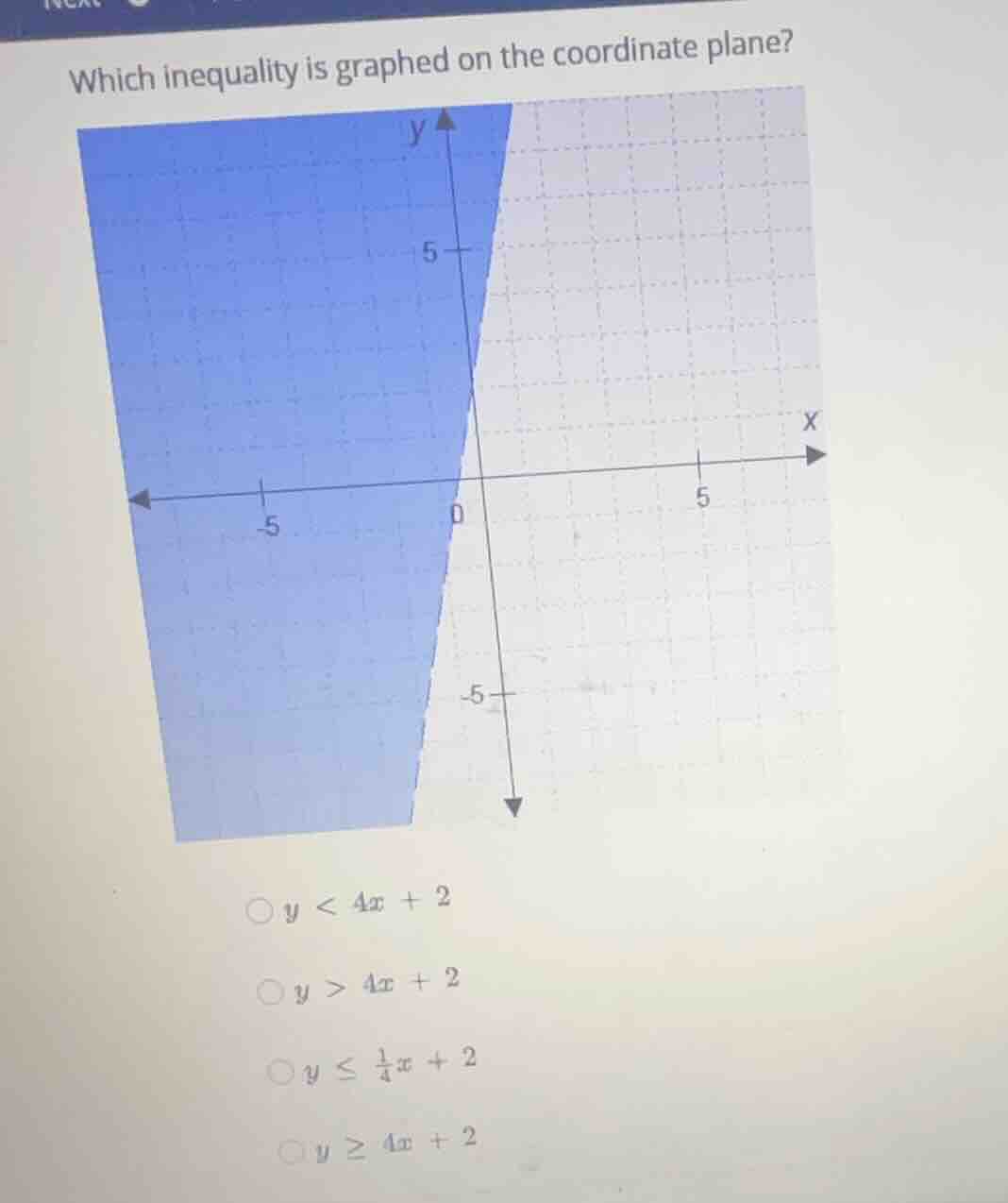which inequality is graphed on the coordinate plane? \\(y < 4x + 2\\) \…
