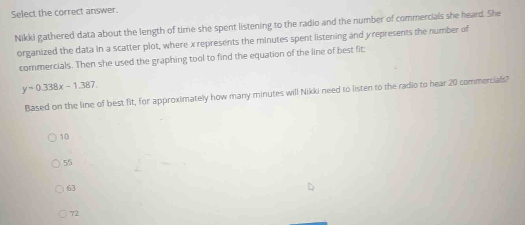 select the correct answer. nikki gathered data about the length of time…