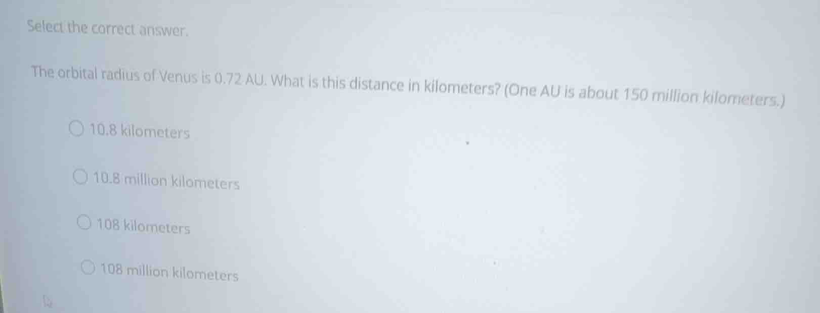 select the correct answer. the orbital radius of venus is 0.72 au. what…