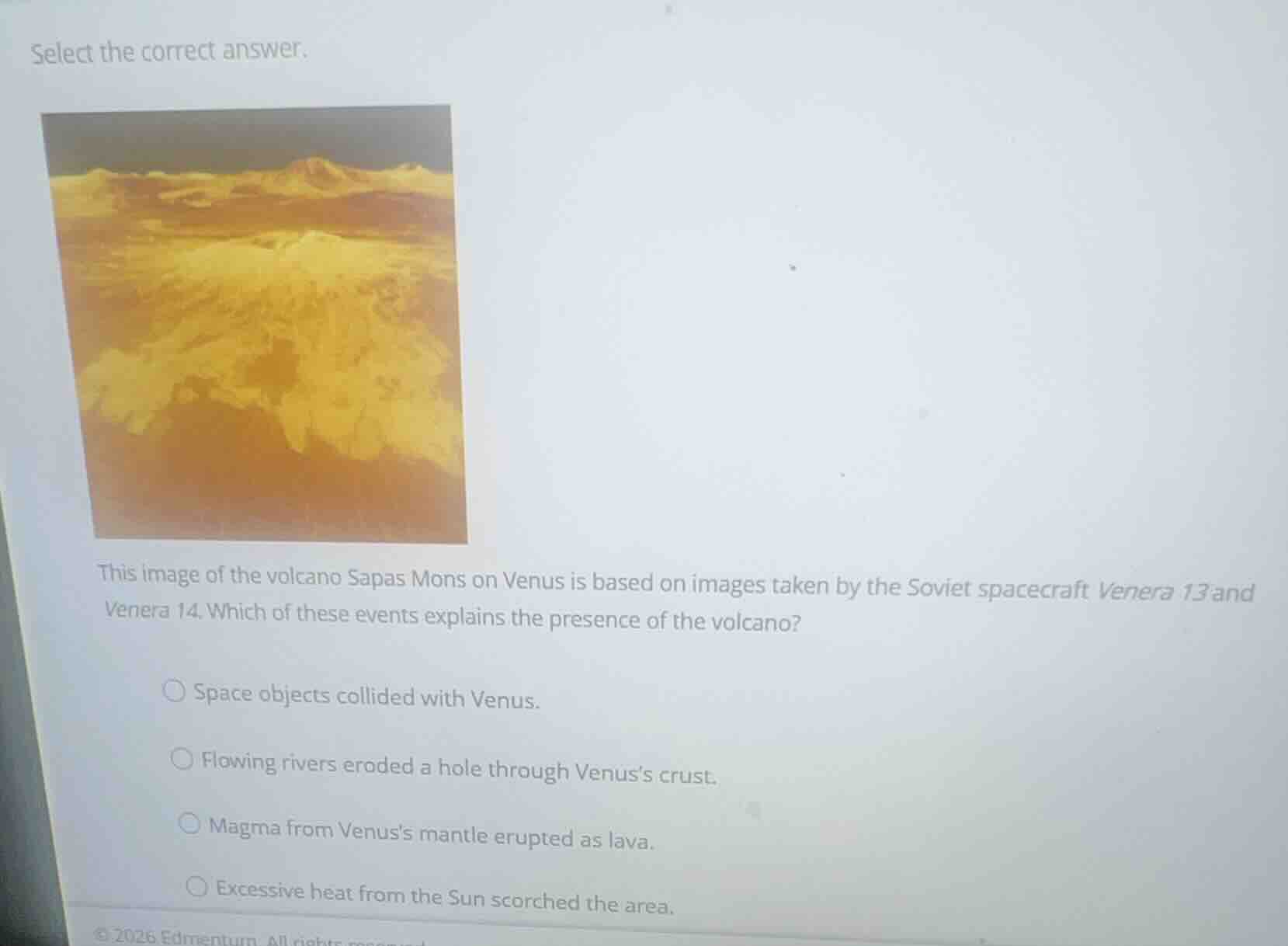 select the correct answer. this image of the volcano sapas mons on venu…
