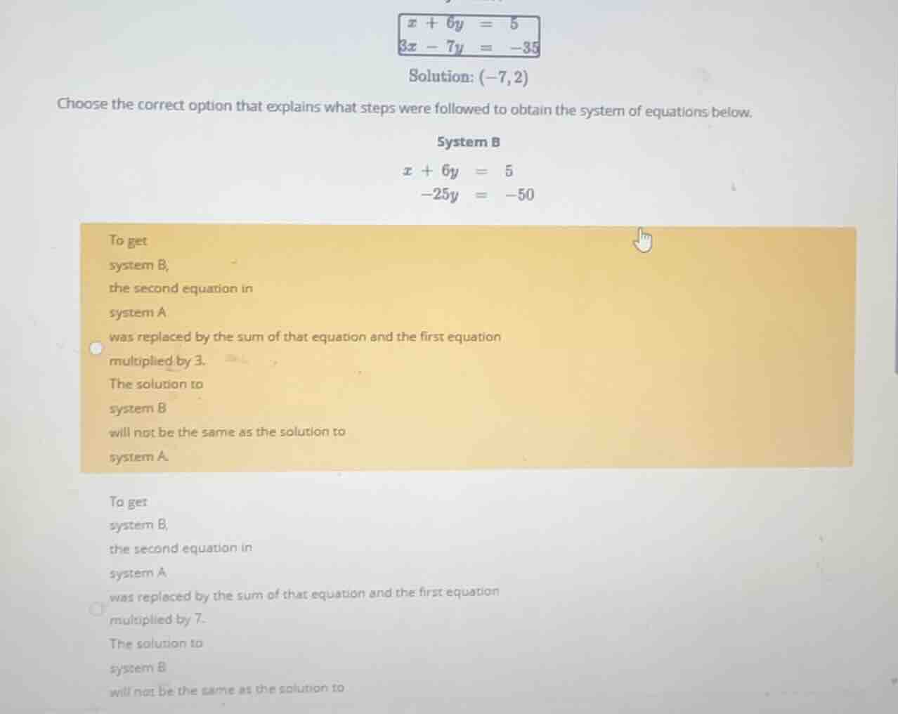 system a \\\\begin{cases} x + 6y = 5 \\\\ 3x - 7y = -35 \\end{cases}\\ …