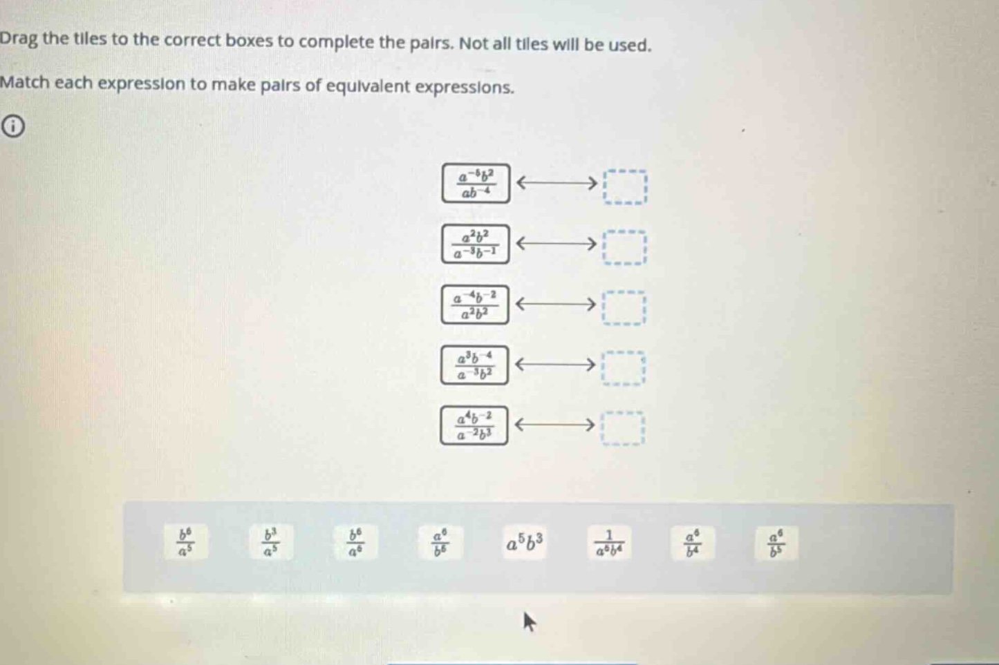 drag the tiles to the correct boxes to complete the pairs. not all tile…