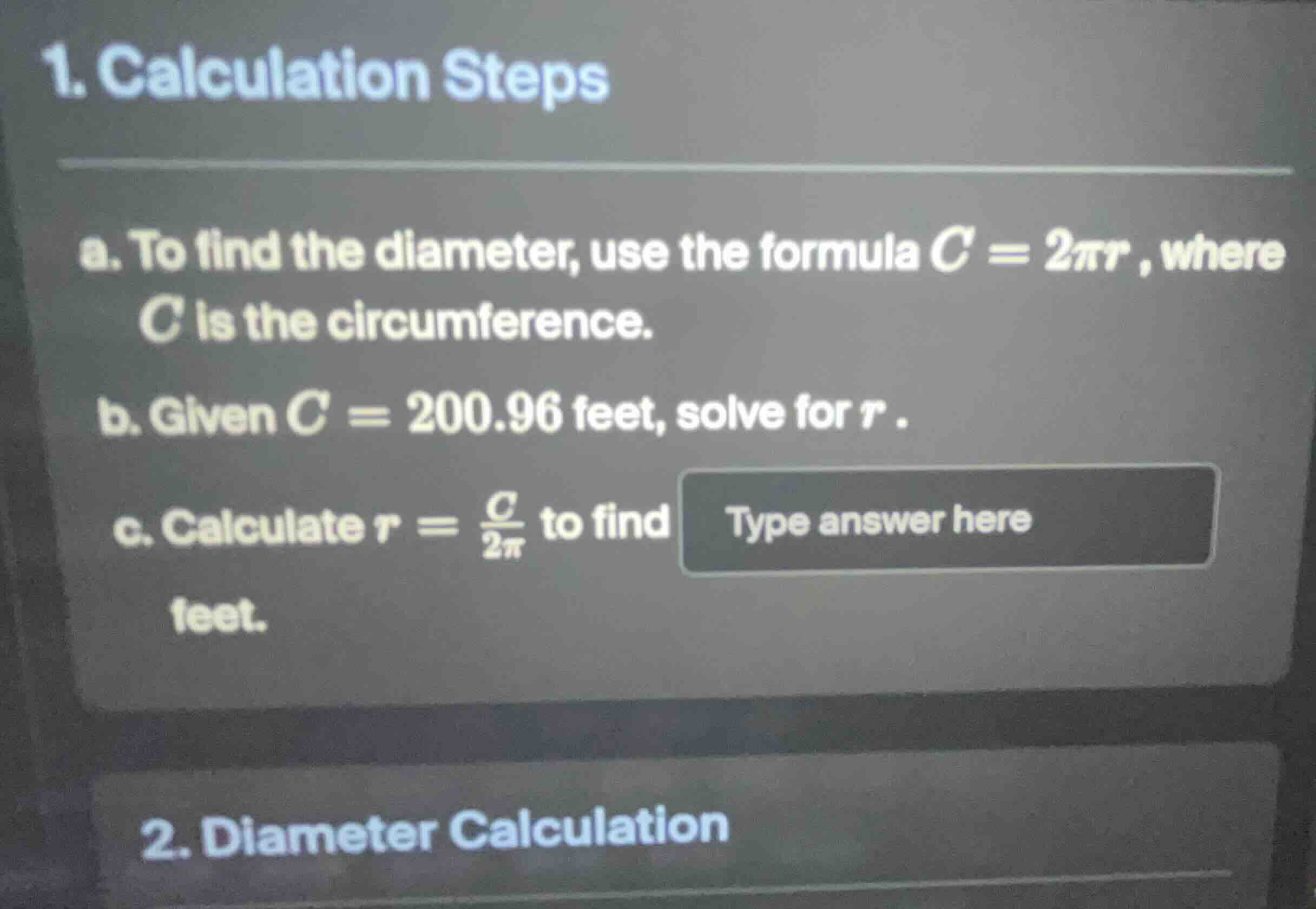 1. calculation steps a. to find the diameter, use the formula \\(c = 2\…