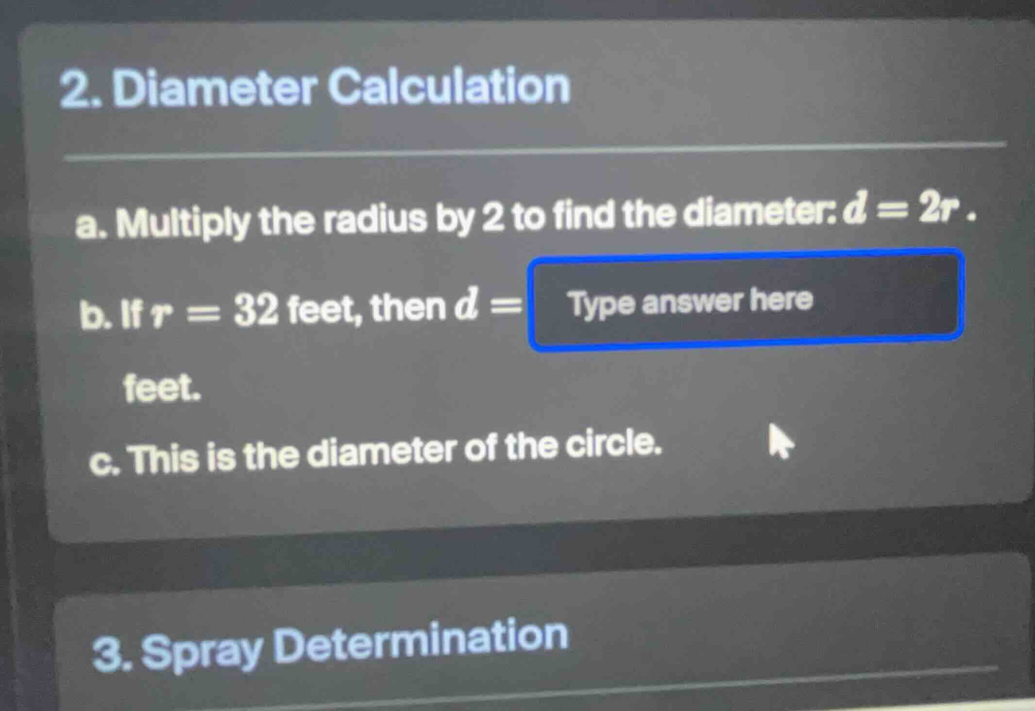 2. diameter calculation a. multiply the radius by 2 to find the diamete…
