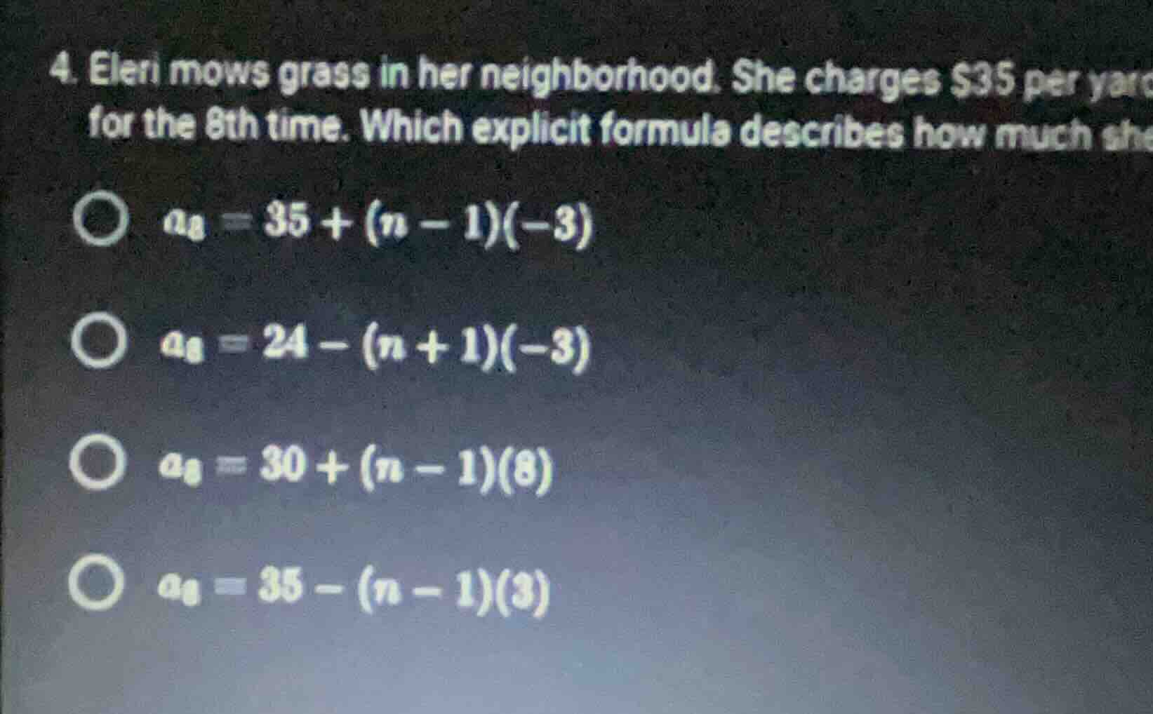 4. eleri mows grass in her neighborhood. she charges \\$35 per yard. bu…