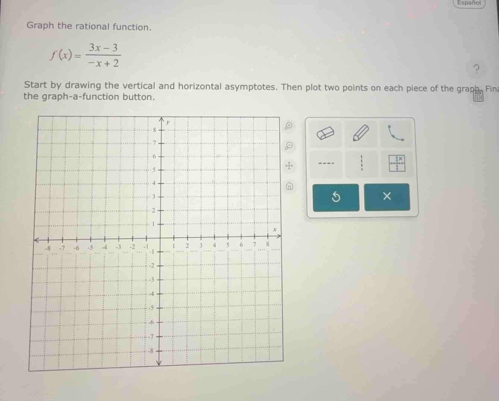 graph the rational function. \\f(x) = \\frac{3x - 3}{-x + 2}\\ start by…