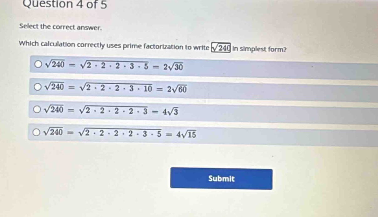 question 4 of 5 select the correct answer. which calculation correctly …
