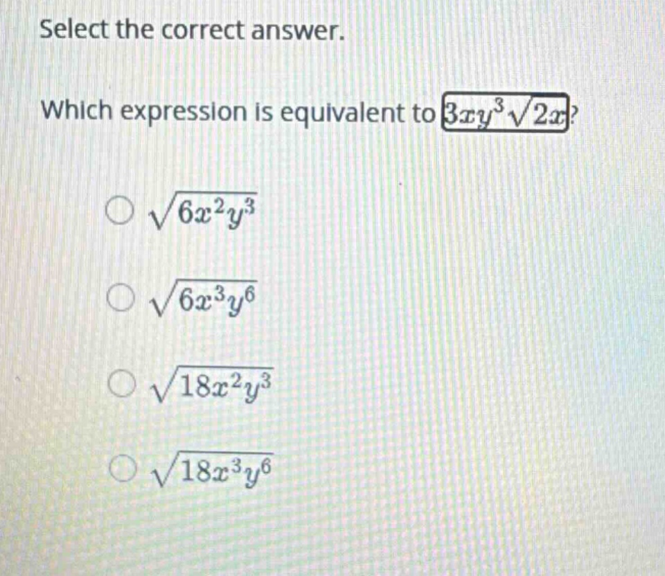 select the correct answer. which expression is equivalent to (3xy^3sqrt…