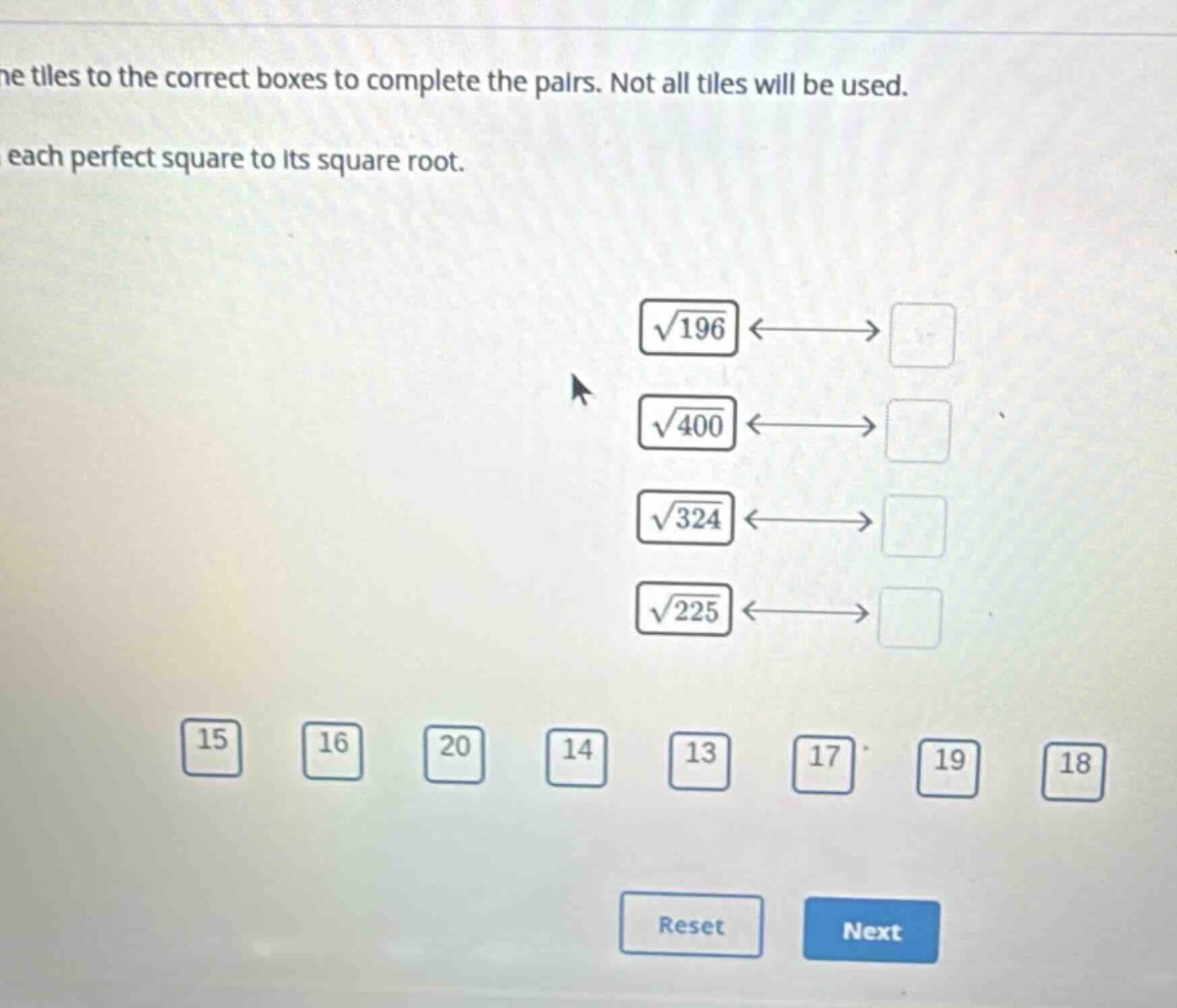 drag the tiles to the correct boxes to complete the pairs. not all tile…