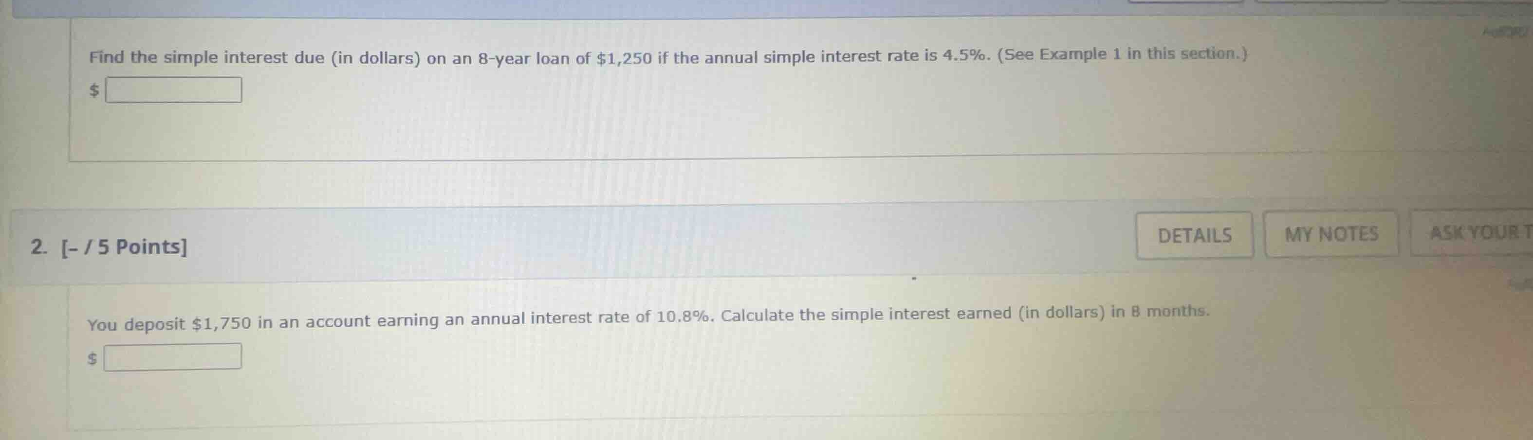 find the simple interest due (in dollars) on an 8-year loan of \\$1,250…