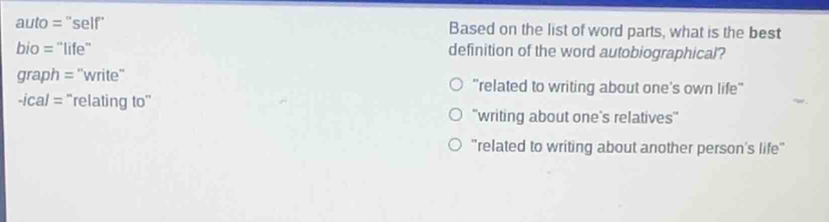 auto = \self\ bio = \life\ graph = \write\ -ical = elating to\ based on…