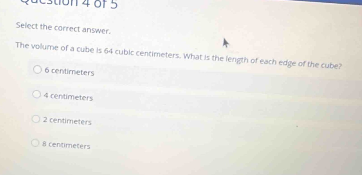 question 4 of 5 select the correct answer. the volume of a cube is 64 c…