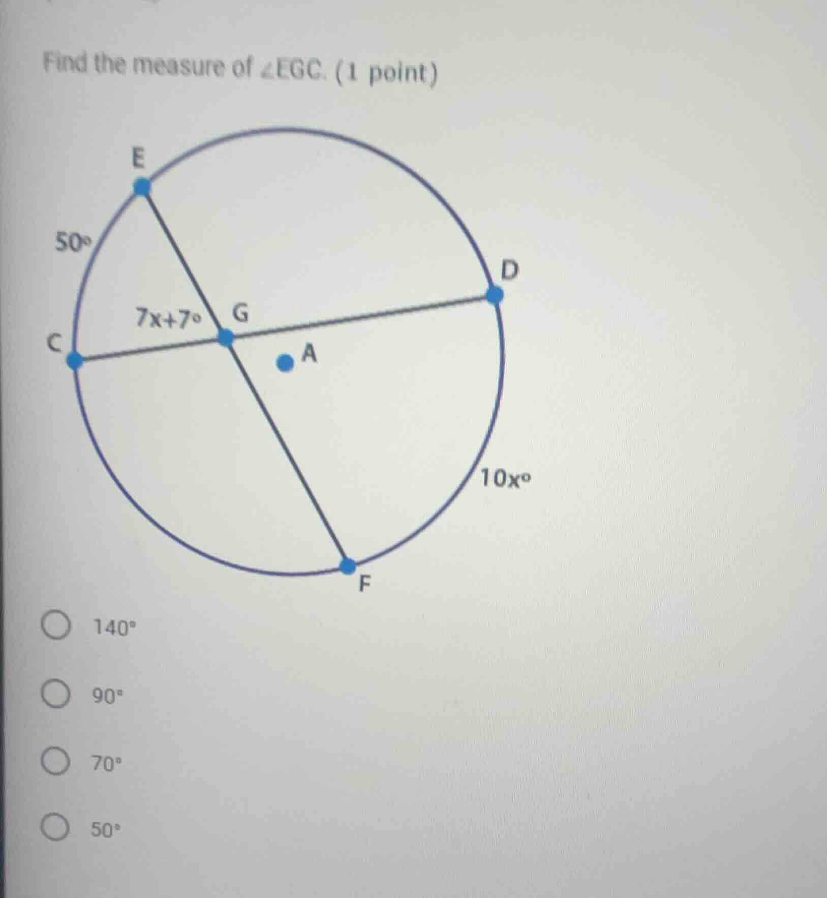 find the measure of \\(\\angle egc\\). (1 point) \\(140^\\circ\\) \\(90…
