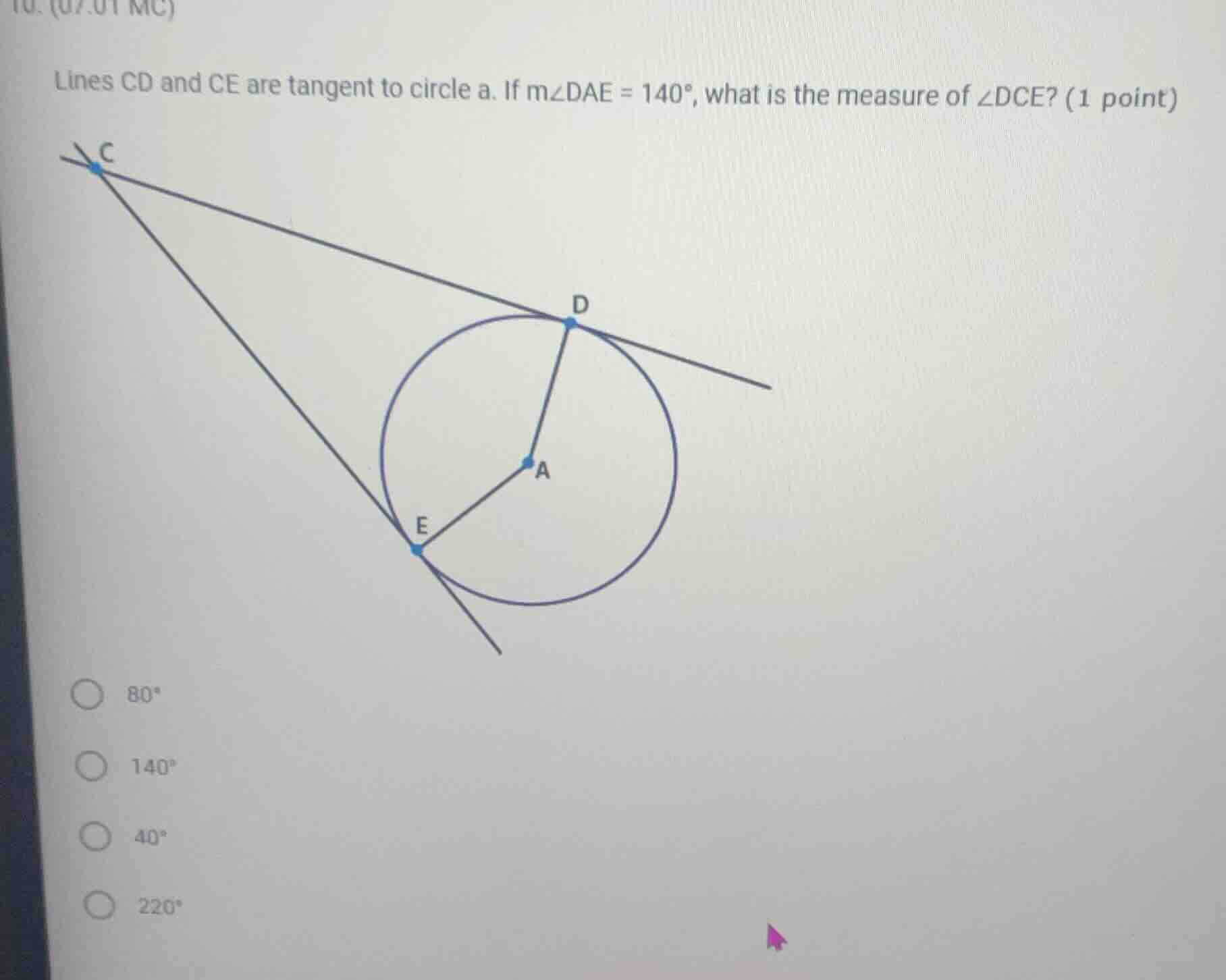 lines cd and ce are tangent to circle a. if \\(m\\angle dae = 140^\\cir…