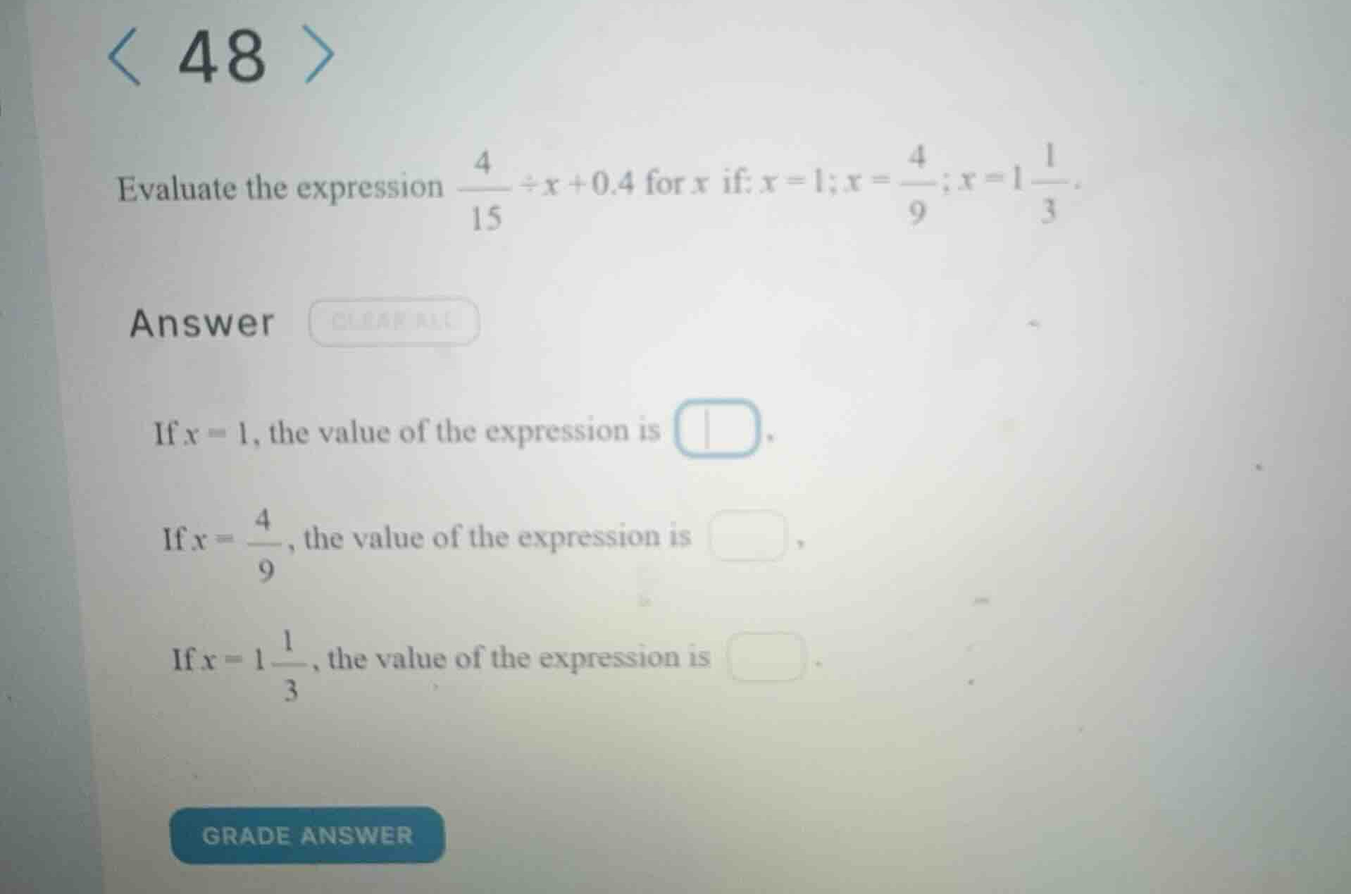 evaluate the expression \\(\\frac{4}{15} \\div x + 0.4\\) for \\(x\\) i…