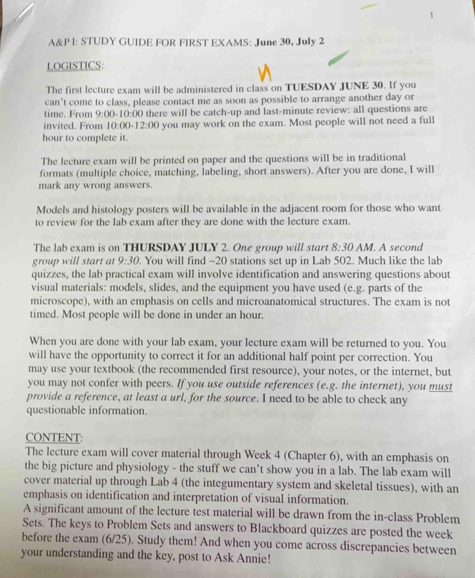 a&p i: study guide for first exams: june 30, july 2 logistics: the firs…