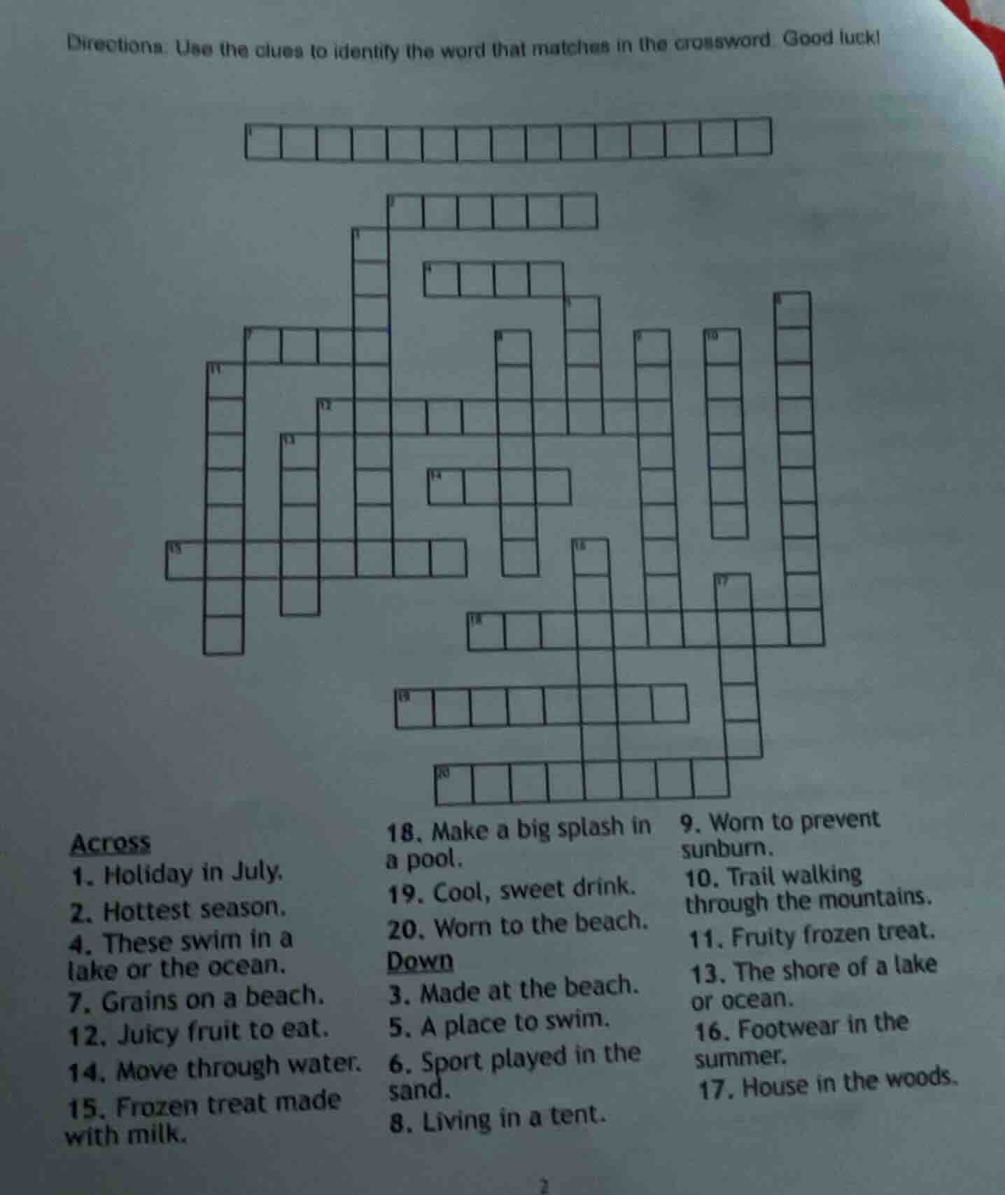 directions: use the clues to identify the word that matches in the cros…
