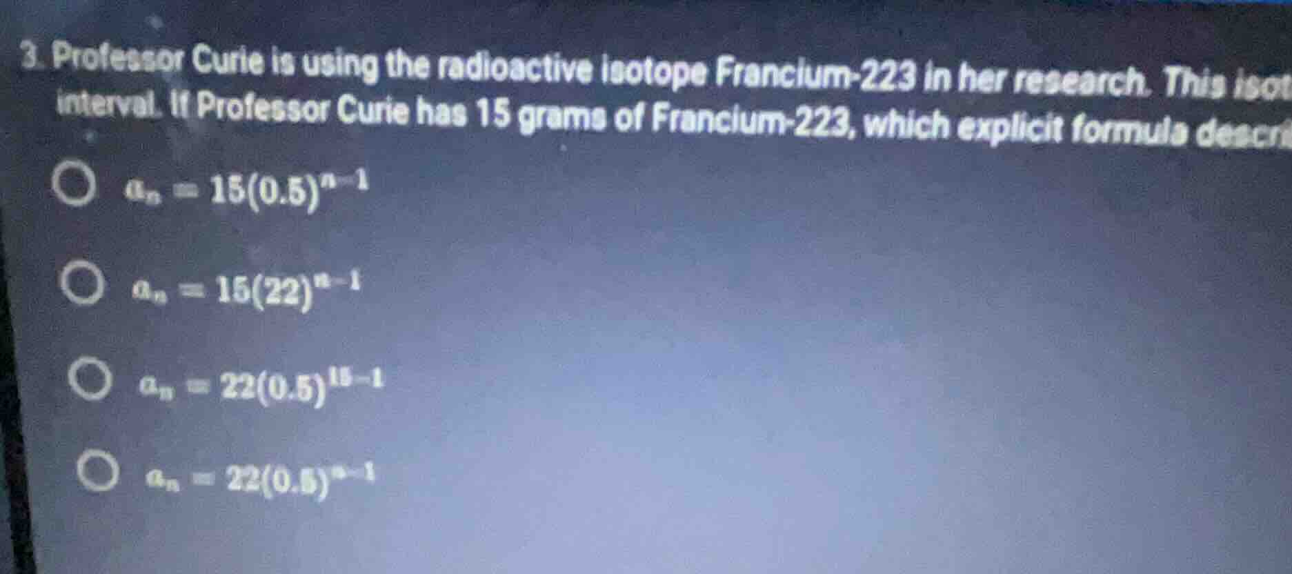 3. professor curie is using the radioactive isotope francium-223 in her…