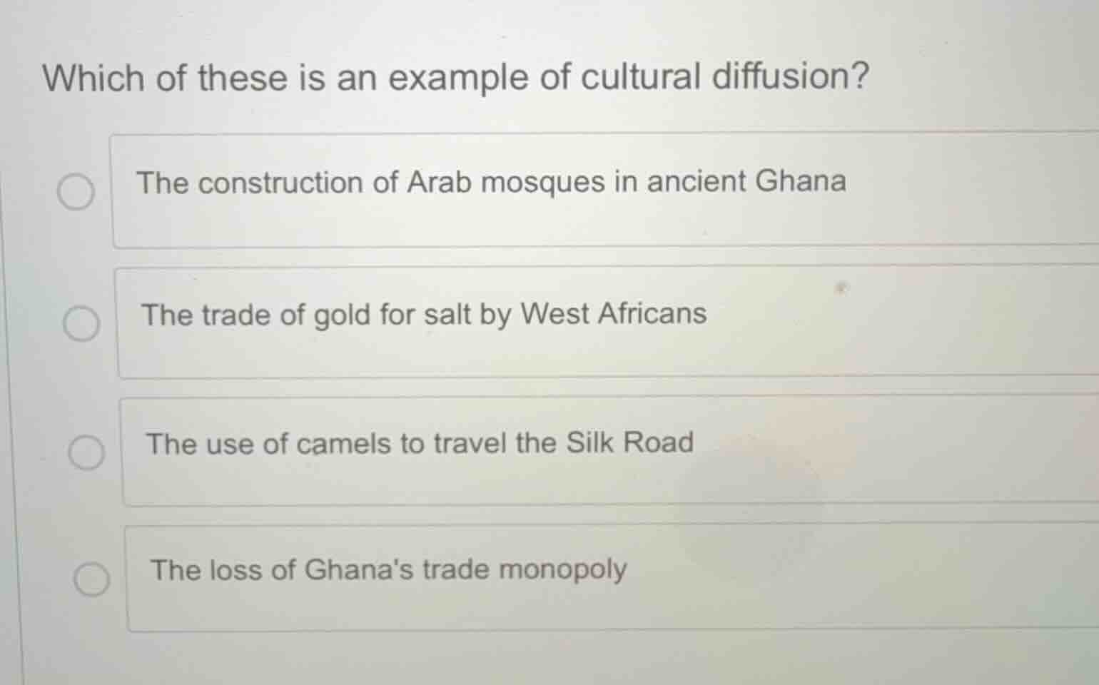 which of these is an example of cultural diffusion? the construction of…
