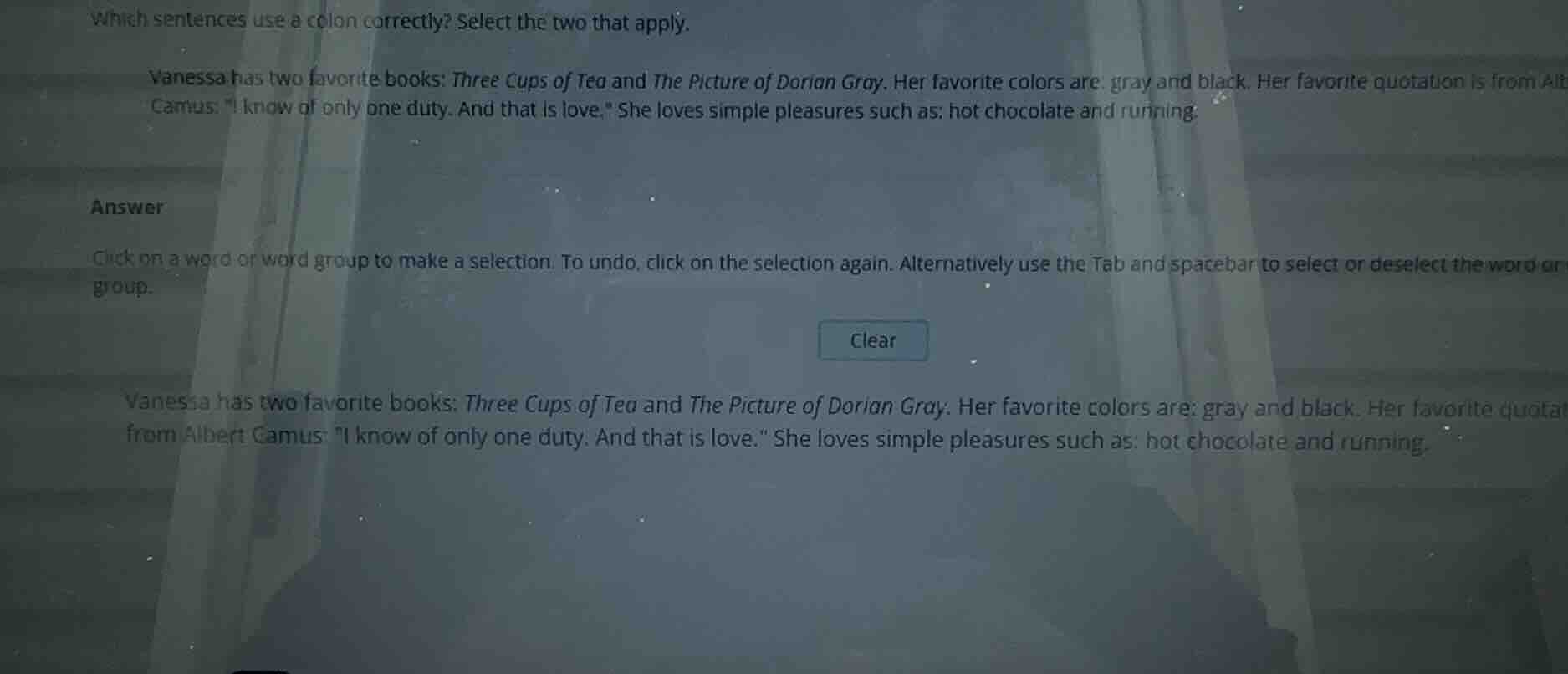 which sentences use a colon correctly? select the two that apply. vanes…