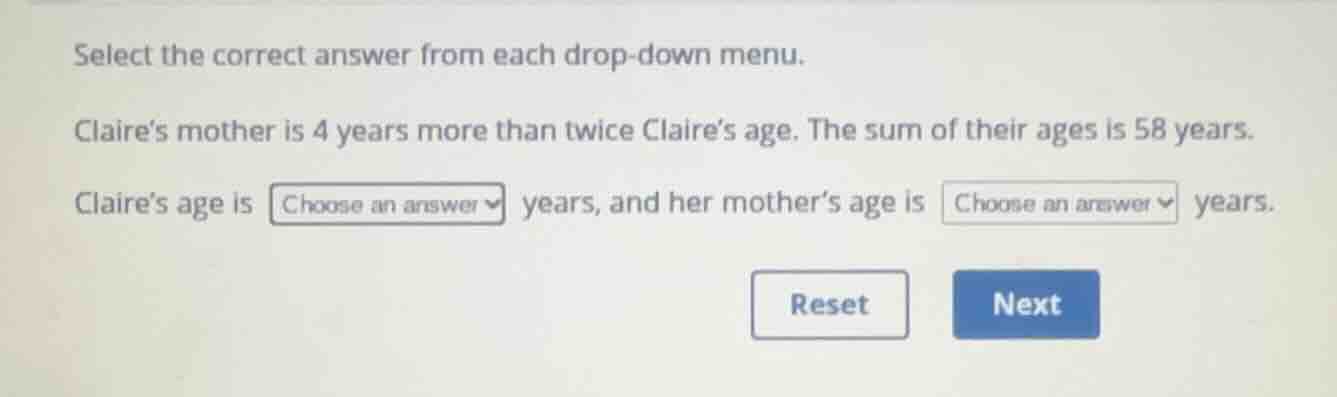 select the correct answer from each drop-down menu. claires mother is 4…