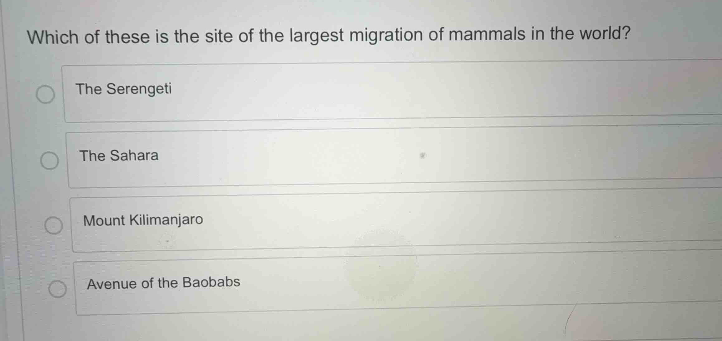 which of these is the site of the largest migration of mammals in the w…
