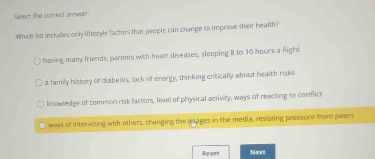 select the correct answer. which list includes only lifestyle factors t…
