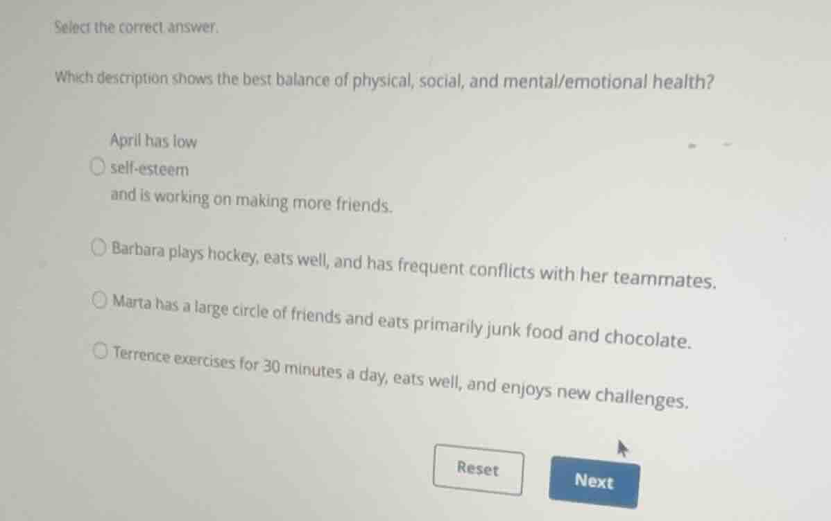 select the correct answer. which description shows the best balance of …