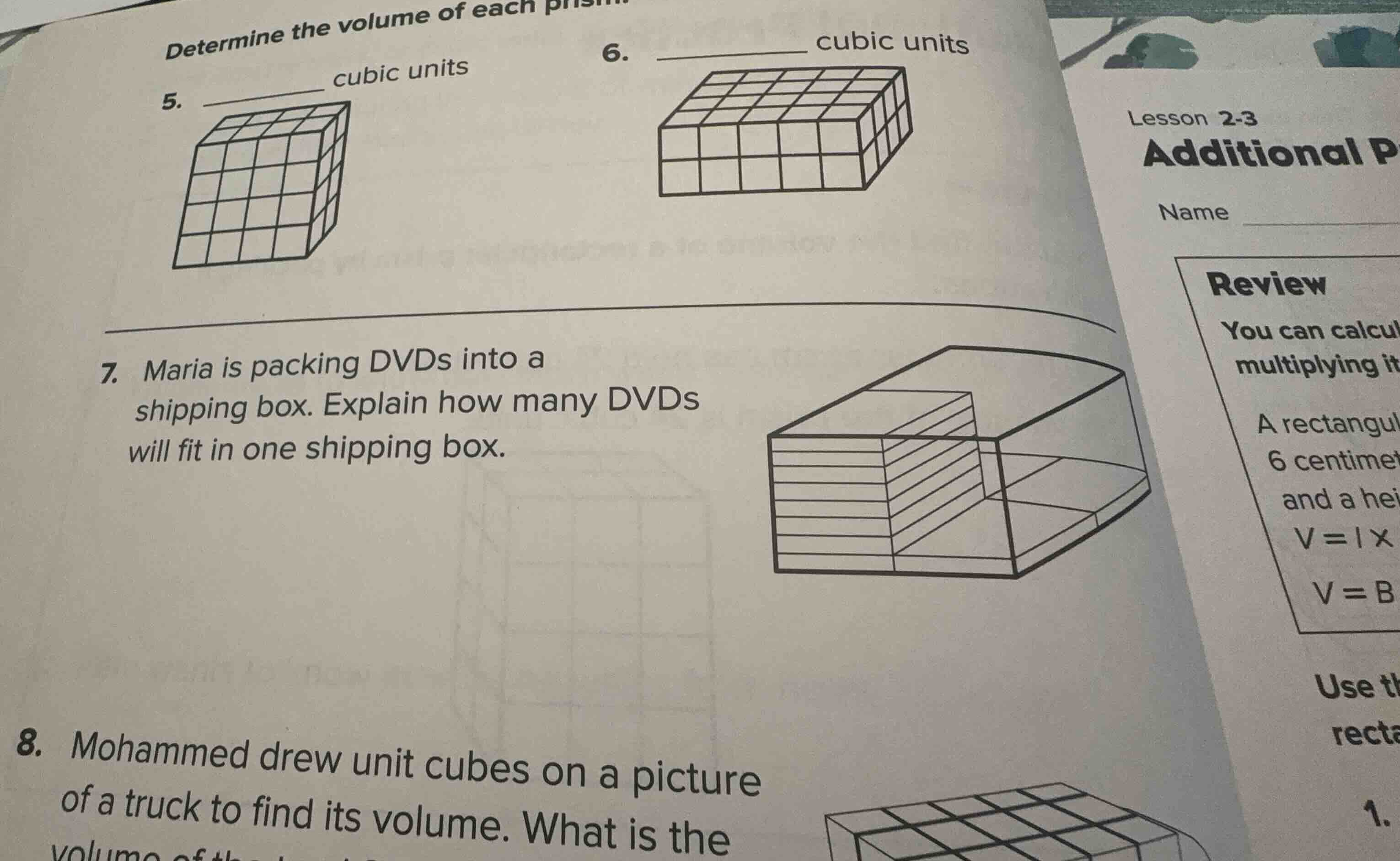 determine the volume of each prism. 5. ______ cubic units 6. ______ cub…