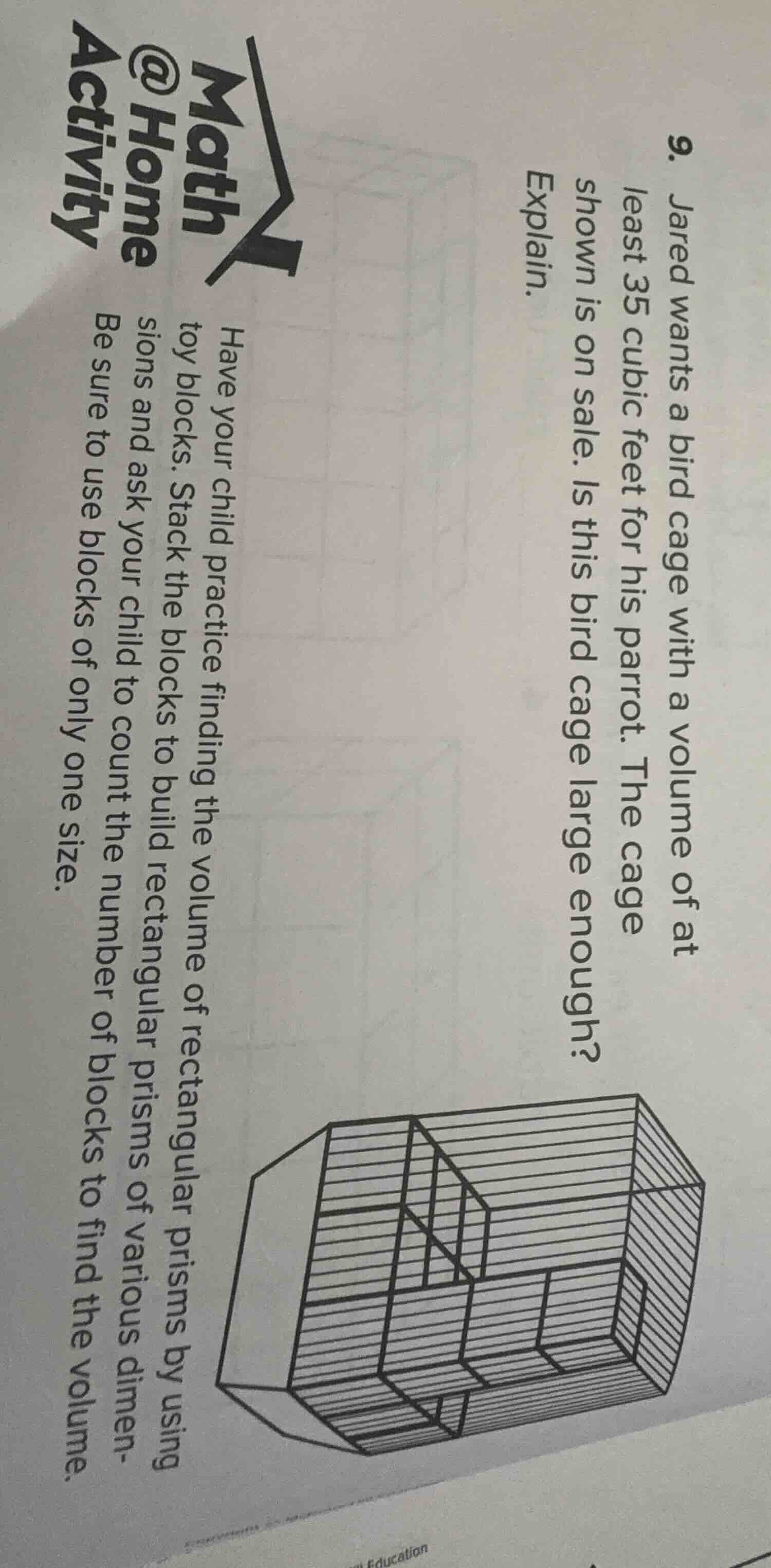9. jared wants a bird cage with a volume of at least 35 cubic feet for …