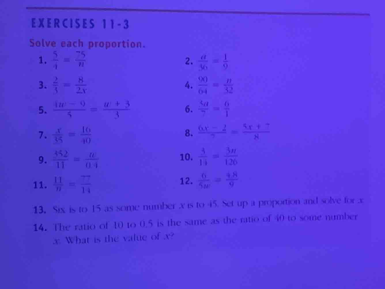 exercises 11-3 solve each proportion. 1. \\(\\frac{5}{4} = \\frac{75}{n…