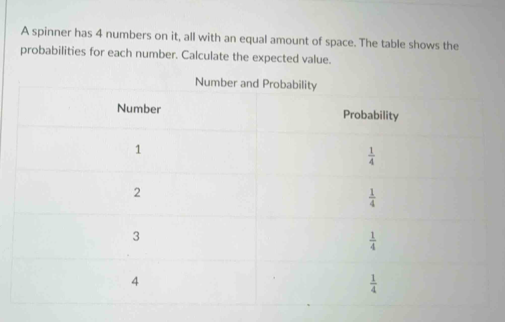 a spinner has 4 numbers on it, all with an equal amount of space. the t…