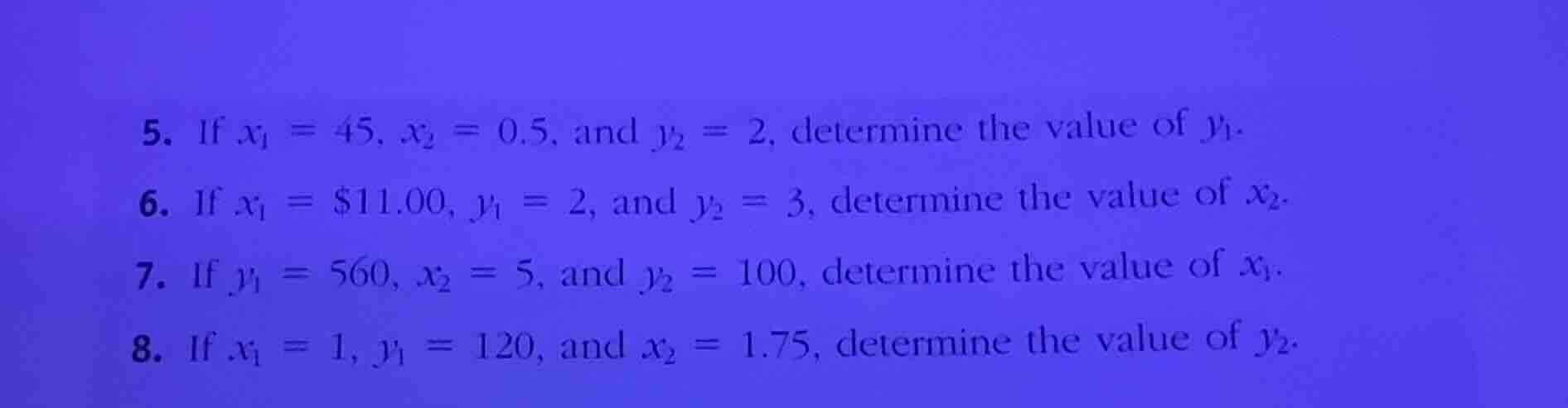 5. if \\(x_1 = 45\\), \\(x_2 = 0.5\\), and \\(y_2 = 2\\), determine the…