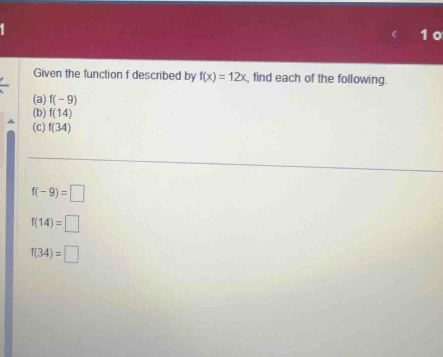 given the function f described by \\(f(x) = 12x\\), find each of the fo…