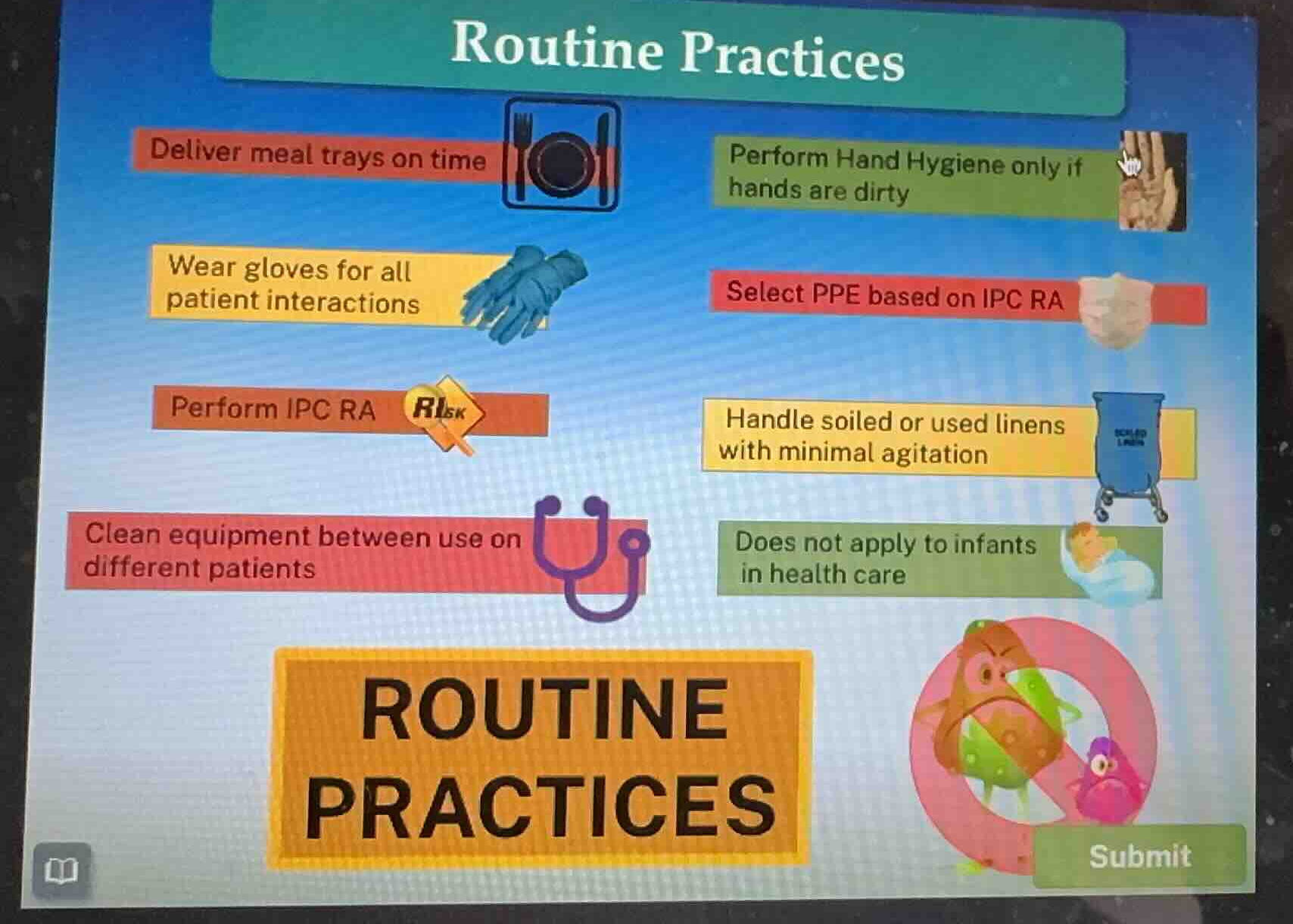 routine practices deliver meal trays on time perform hand hygiene only …