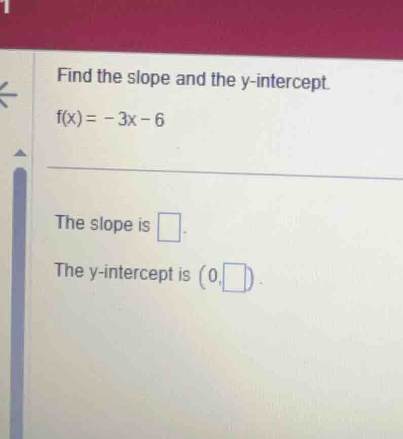 find the slope and the y-intercept. (f(x) = -3x - 6) the slope is . the…