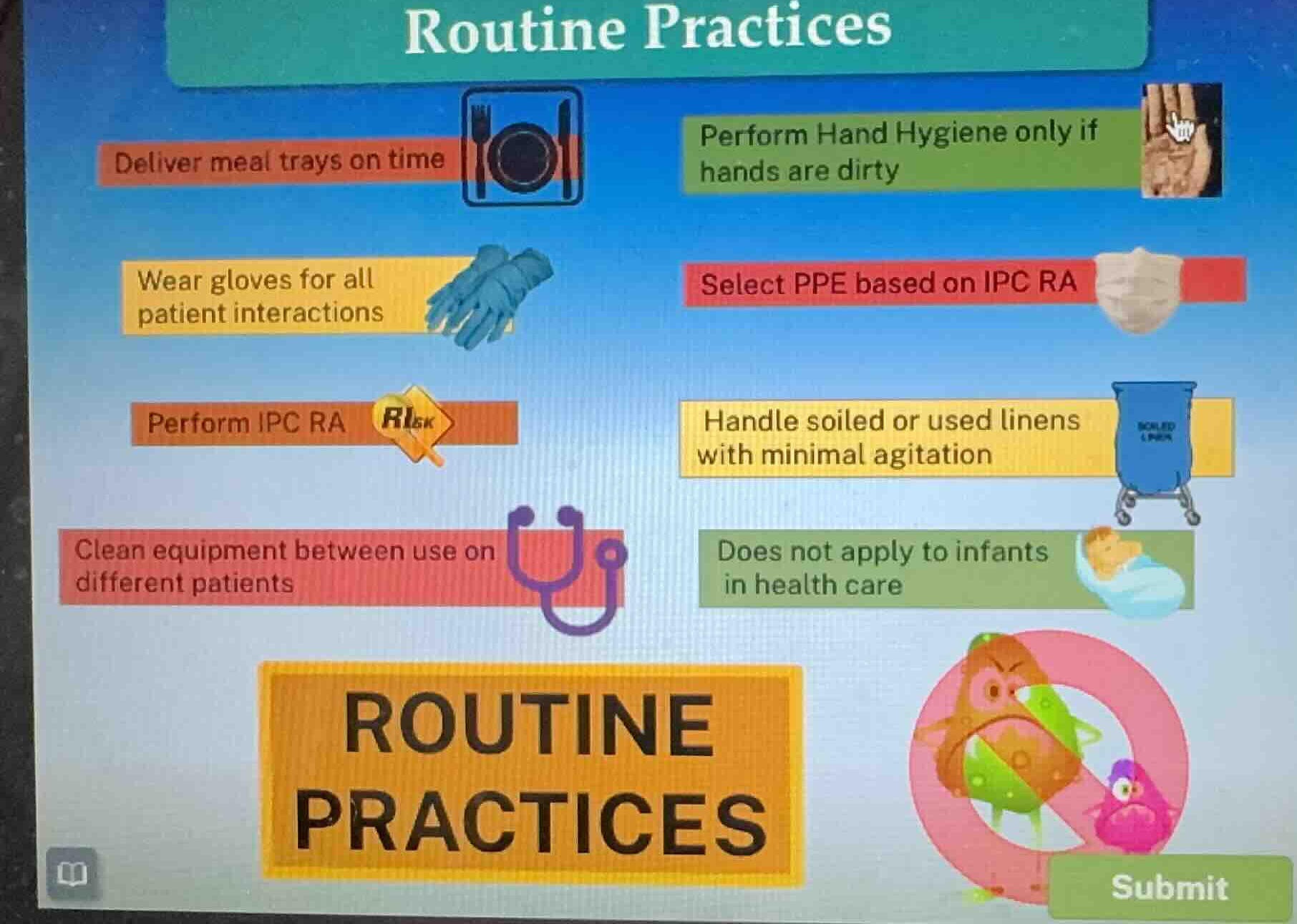 routine practices deliver meal trays on time perform hand hygiene only …