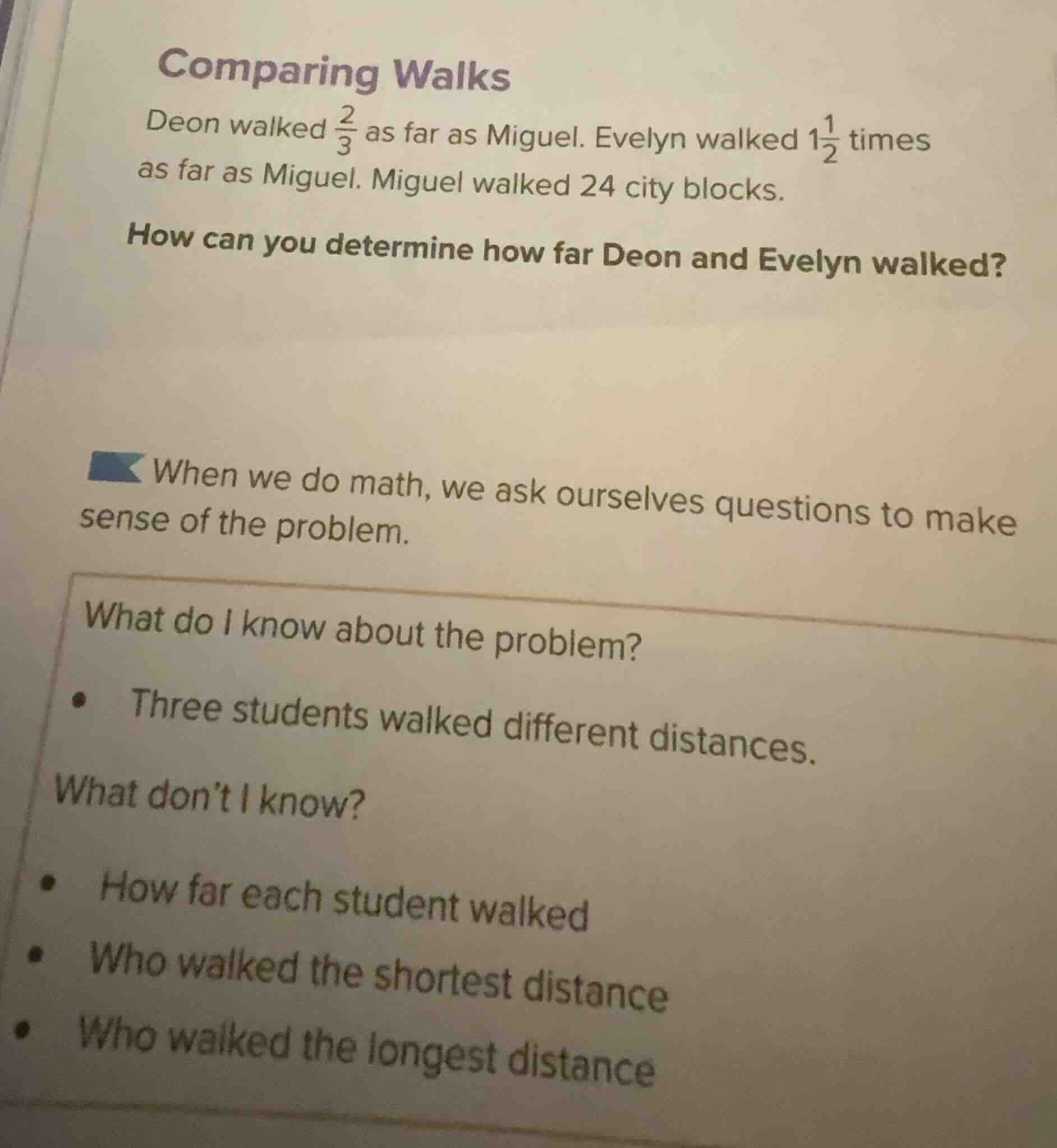 comparing walks deon walked \\(\\frac{2}{3}\\) as far as miguel. evelyn…