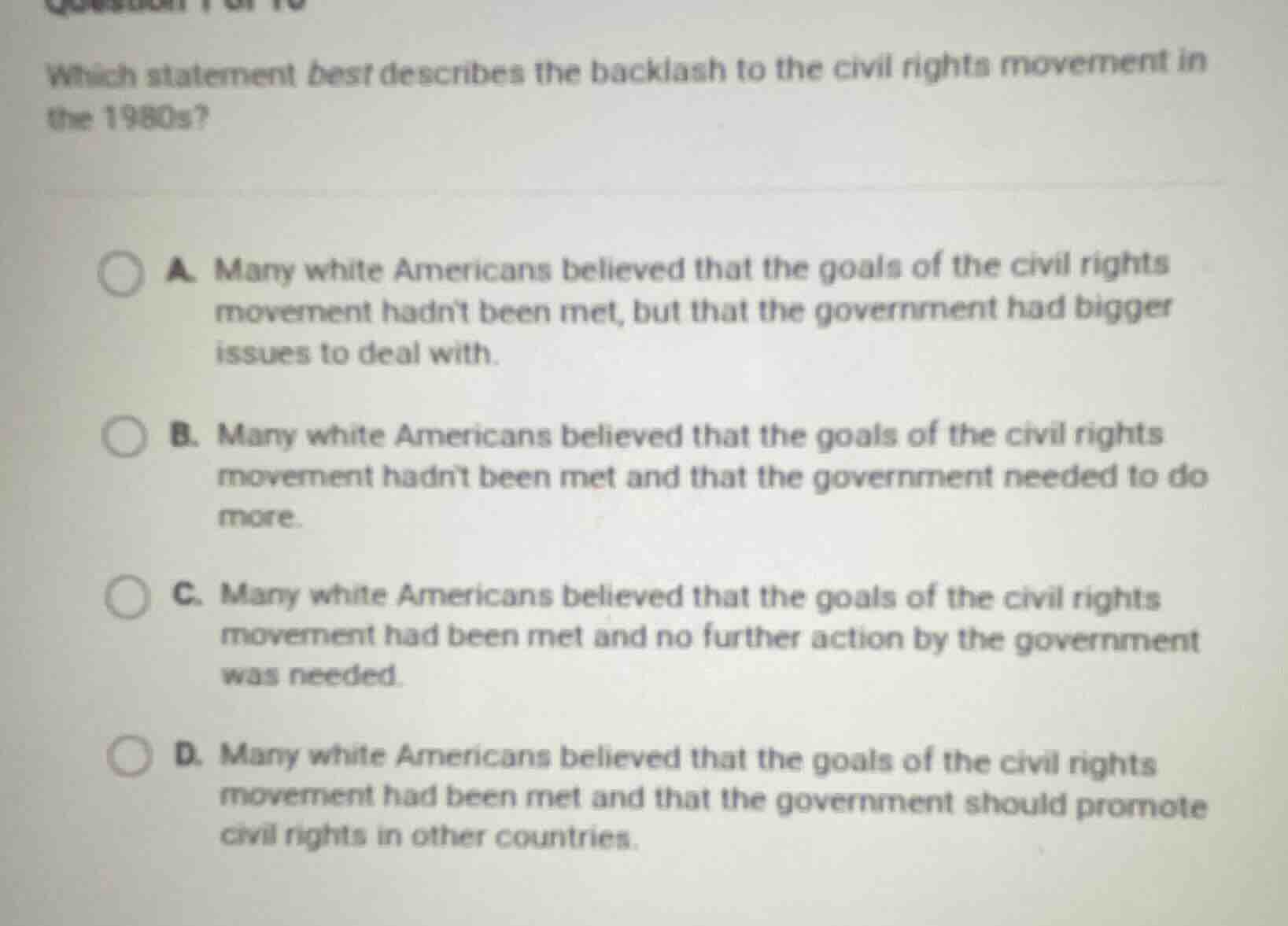 which statement best describes the backlash to the civil rights movemen…