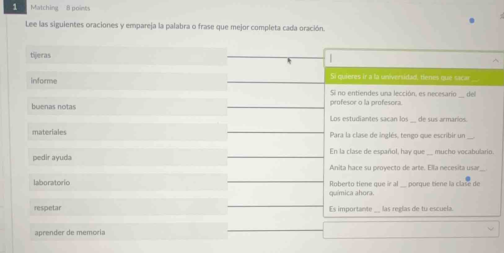 matching 8 points lee las siguientes oraciones y empareja la palabra o …
