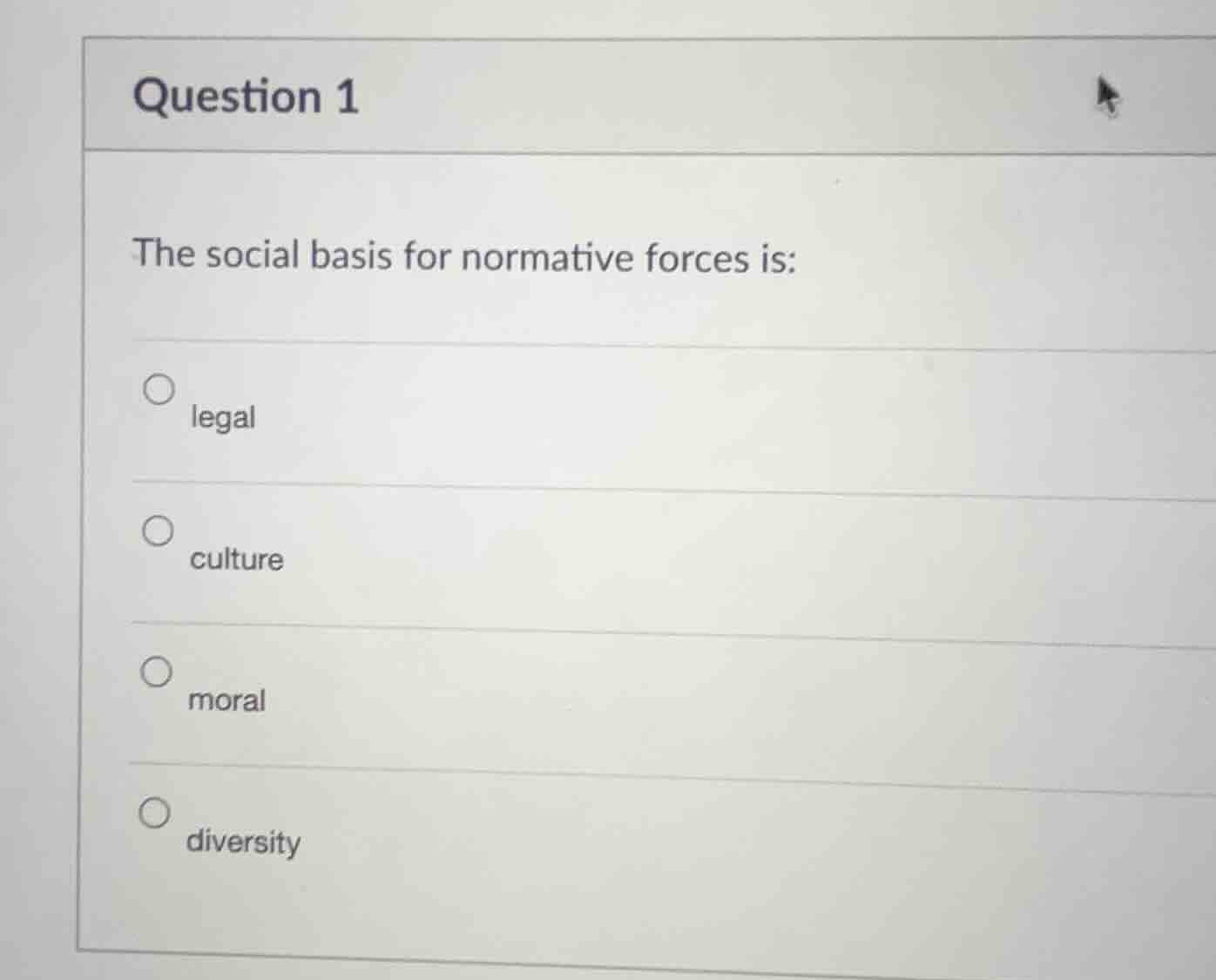question 1 the social basis for normative forces is: - legal - culture …