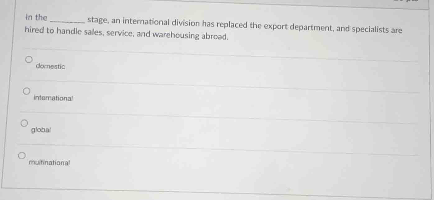 in the ________ stage, an international division has replaced the expor…