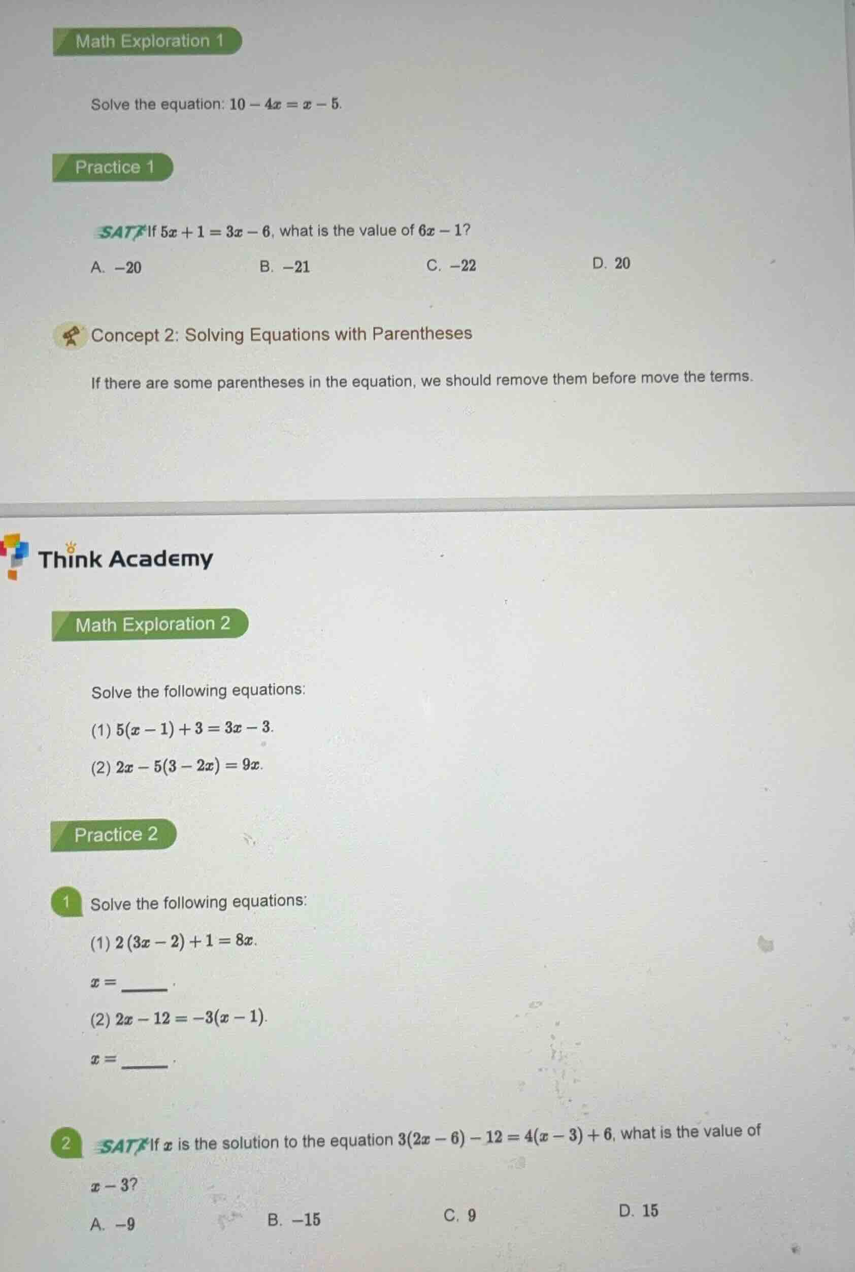 math exploration 1 solve the equation: (10 - 4x = x - 5). practice 1 sa…